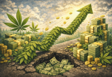 cannabis leaves in an upward arrow and stacks of money